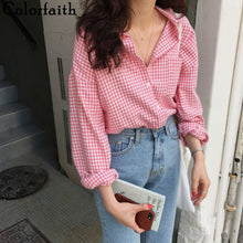 Load image into Gallery viewer, Colorfaith New 2020 Women Spring Summer Blouse Shirts Plaid Fashionable Single Breasted Casual Loose Wild Sweet Pink Tops BL1023