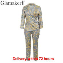 Load image into Gallery viewer, Glamaker Floral print v neck jumpsuit romper Women satin belt long sleeve elegant jumpsuit Female two piece party sexy jumpsuit