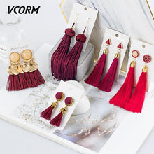 Load image into Gallery viewer, VCORM Bohemian Tassel Crystal Long Drop Earrings for Women Red Cotton Silk Fabric Fringe Earrings 2019 Fashion Woman Jewelry