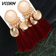 Load image into Gallery viewer, VCORM Bohemian Tassel Crystal Long Drop Earrings for Women Red Cotton Silk Fabric Fringe Earrings 2019 Fashion Woman Jewelry