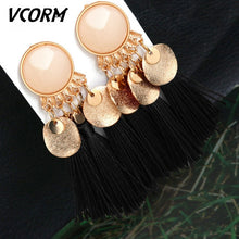 Load image into Gallery viewer, VCORM Bohemian Tassel Crystal Long Drop Earrings for Women Red Cotton Silk Fabric Fringe Earrings 2019 Fashion Woman Jewelry