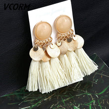 Load image into Gallery viewer, VCORM Bohemian Tassel Crystal Long Drop Earrings for Women Red Cotton Silk Fabric Fringe Earrings 2019 Fashion Woman Jewelry