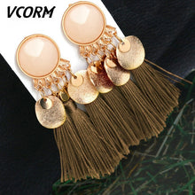 Load image into Gallery viewer, VCORM Bohemian Tassel Crystal Long Drop Earrings for Women Red Cotton Silk Fabric Fringe Earrings 2019 Fashion Woman Jewelry