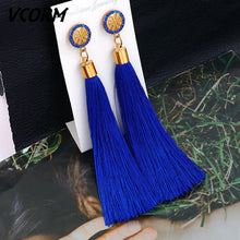 Load image into Gallery viewer, VCORM Bohemian Tassel Crystal Long Drop Earrings for Women Red Cotton Silk Fabric Fringe Earrings 2019 Fashion Woman Jewelry