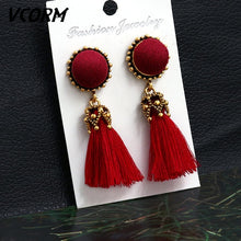 Load image into Gallery viewer, VCORM Bohemian Tassel Crystal Long Drop Earrings for Women Red Cotton Silk Fabric Fringe Earrings 2019 Fashion Woman Jewelry