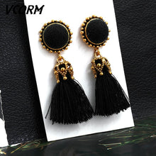 Load image into Gallery viewer, VCORM Bohemian Tassel Crystal Long Drop Earrings for Women Red Cotton Silk Fabric Fringe Earrings 2019 Fashion Woman Jewelry