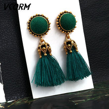 Load image into Gallery viewer, VCORM Bohemian Tassel Crystal Long Drop Earrings for Women Red Cotton Silk Fabric Fringe Earrings 2019 Fashion Woman Jewelry