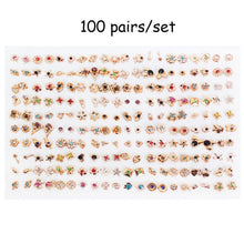 Load image into Gallery viewer, 100 Pairs Women Acrylic Crystal Small Stud Earrings Sets Girl Child Heart Star Animal Moon Crown Earring Jewelry