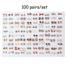 Load image into Gallery viewer, 100 Pairs Women Acrylic Crystal Small Stud Earrings Sets Girl Child Heart Star Animal Moon Crown Earring Jewelry