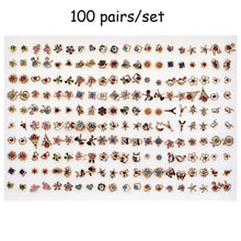 Load image into Gallery viewer, 100 Pairs Women Acrylic Crystal Small Stud Earrings Sets Girl Child Heart Star Animal Moon Crown Earring Jewelry