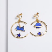 Load image into Gallery viewer, Korea Style Asymmetrical Fresh Enamel blue Star Moon Planet Circle Clip on Earrings Non Pierced For Girl Women Party Gift