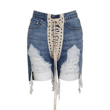 Load image into Gallery viewer, TWOTWINSTYLE Patchwork Cross Strap Denim Women's Shorts High Waist Hole Tassel Streetwear Shorts Female 2020 Summer Fashion New