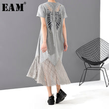 Load image into Gallery viewer, [EAM] Women Gray Hem Lace Split Temperament Midi Dress New Round Neck Short Sleeve Loose Fit Fashion Tide Spring Summer 2020
