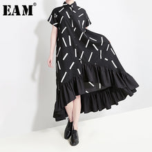 Load image into Gallery viewer, [EAM] Women Black Pattern Printed Ruffles Big Size Shirt Dress New Lapel Short Sleeve Loose Fit Fashion Spring Summer 2020 1T438

