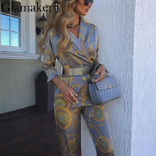 Load image into Gallery viewer, Glamaker Floral print v neck jumpsuit romper Women satin belt long sleeve elegant jumpsuit Female two piece party sexy jumpsuit
