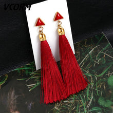 Load image into Gallery viewer, VCORM Bohemian Tassel Crystal Long Drop Earrings for Women Red Cotton Silk Fabric Fringe Earrings 2019 Fashion Woman Jewelry

