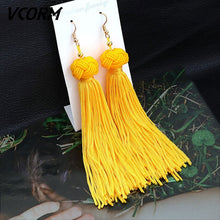 Load image into Gallery viewer, VCORM Bohemian Tassel Crystal Long Drop Earrings for Women Red Cotton Silk Fabric Fringe Earrings 2019 Fashion Woman Jewelry
