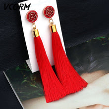 Load image into Gallery viewer, VCORM Bohemian Tassel Crystal Long Drop Earrings for Women Red Cotton Silk Fabric Fringe Earrings 2019 Fashion Woman Jewelry
