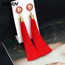 Load image into Gallery viewer, VCORM Bohemian Tassel Crystal Long Drop Earrings for Women Red Cotton Silk Fabric Fringe Earrings 2019 Fashion Woman Jewelry

