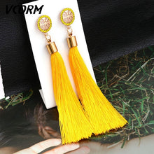 Load image into Gallery viewer, VCORM Bohemian Tassel Crystal Long Drop Earrings for Women Red Cotton Silk Fabric Fringe Earrings 2019 Fashion Woman Jewelry
