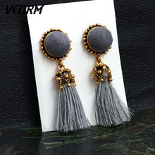 Load image into Gallery viewer, VCORM Bohemian Tassel Crystal Long Drop Earrings for Women Red Cotton Silk Fabric Fringe Earrings 2019 Fashion Woman Jewelry

