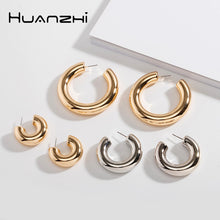 Load image into Gallery viewer, HUANZHI 2020 New Minimalist Gold Metal Large Small Circle Geometric Round C shape Hoop Earrings for Women Girls Jewelry
