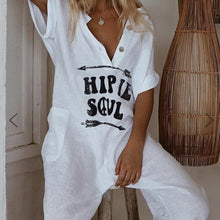 Load image into Gallery viewer, Oversize Linen Short Sleeve Women's Jumpsuits V-neck Printed Buttons Pockets Female Rompers 2020 Summer Casual Ladies Jumpsuit
