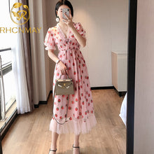 Load image into Gallery viewer, Sexy V-Neck Belt Strawberry Hot stamping Short Sleeve Party Mid-Length Dress Net Yarn Summer New Women'S Clothing
