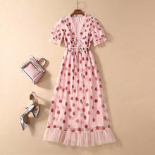 Load image into Gallery viewer, Sexy V-Neck Belt Strawberry Hot stamping Short Sleeve Party Mid-Length Dress Net Yarn Summer New Women'S Clothing
