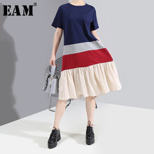 Load image into Gallery viewer, [EAM] Women Blue Contrast Colro Pleated Midi Dress New Round Neck Short Sleeve Loose Fit Fashion Tide Spring Summer 2020 1W587
