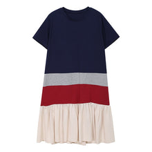 Load image into Gallery viewer, [EAM] Women Blue Contrast Colro Pleated Midi Dress New Round Neck Short Sleeve Loose Fit Fashion Tide Spring Summer 2020 1W587
