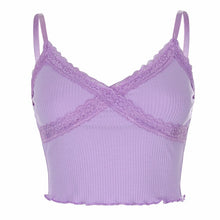 Load image into Gallery viewer, Lace Patchwork E-girl Y2K Top Women Summer Sexy Backless V-neck Short Camisole Casual Spaghetti Strap Solid Camis Cuteandpsycho
