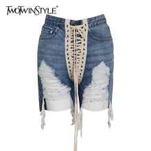 Load image into Gallery viewer, TWOTWINSTYLE Patchwork Cross Strap Denim Women's Shorts High Waist Hole Tassel Streetwear Shorts Female 2020 Summer Fashion New
