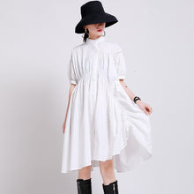 Load image into Gallery viewer, [EAM] Women White Pleated Irregular Big Size Shirt Dress New Stand Collar Half Sleeve Loose Fit Fashion Spring Summer 2020 1W736
