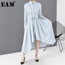 Load image into Gallery viewer, [EAM] Women Blue Asymmetrical Hem Bandage Shirt Dress New Lapel Long Sleeve Loose Fit Fashion Tide Spring Autumn 2020 JO665
