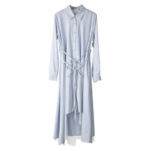 Load image into Gallery viewer, [EAM] Women Blue Asymmetrical Hem Bandage Shirt Dress New Lapel Long Sleeve Loose Fit Fashion Tide Spring Autumn 2020 JO665
