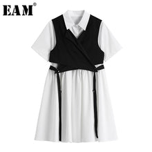 Load image into Gallery viewer, [EAM] Women White Cross Bandage Split Shirt Dress New Lapel Short Sleeve Loose Fit Fashion Tide Spring Summer 2020 1W829

