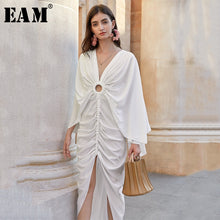 Load image into Gallery viewer, [EAM] Women White Pleated Irreugular Hollow Out Dress New V-Neck Long Sleeve Loose Fit Fashion Tide Spring Summer 2020 1W851
