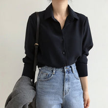 Load image into Gallery viewer, Summer New Arrival Women Solid Black Chiffon Blouse Long Sleeve Casual Shirt Women's Korean Style Chic Tops Feminina Blusa T0450
