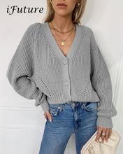 Load image into Gallery viewer, Cardigan  Sweaters Tops Women  2020 Autumn New Knit Loose Casual Solid Color V-neck Lantern Sleeves bat Sleeves  Button Jacket
