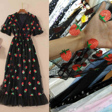 Load image into Gallery viewer, Sexy V-Neck Belt Strawberry Hot stamping Short Sleeve Party Mid-Length Dress Net Yarn Summer New Women'S Clothing

