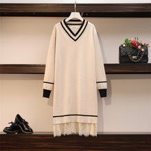 Load image into Gallery viewer, Patchwork Lace Sweater Dresses Women's Long Sleeve V Neck Mini Straight Ladies High Street Autumn Knitting Dresses Plus Size
