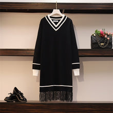 Load image into Gallery viewer, Patchwork Lace Sweater Dresses Women's Long Sleeve V Neck Mini Straight Ladies High Street Autumn Knitting Dresses Plus Size
