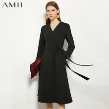 Load image into Gallery viewer, Amii Minimalism Autumn Winter Fashion Dresses For Women OLstyle Solid Vneck Belt Knee-length Chiffon Dress Women Dress 12070341
