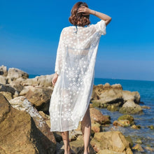Load image into Gallery viewer, Beach Vacation Sun Shirt Lace-up V-neck Lace Long Cardigan Five-pointed Star Embroidered Sun Coat
